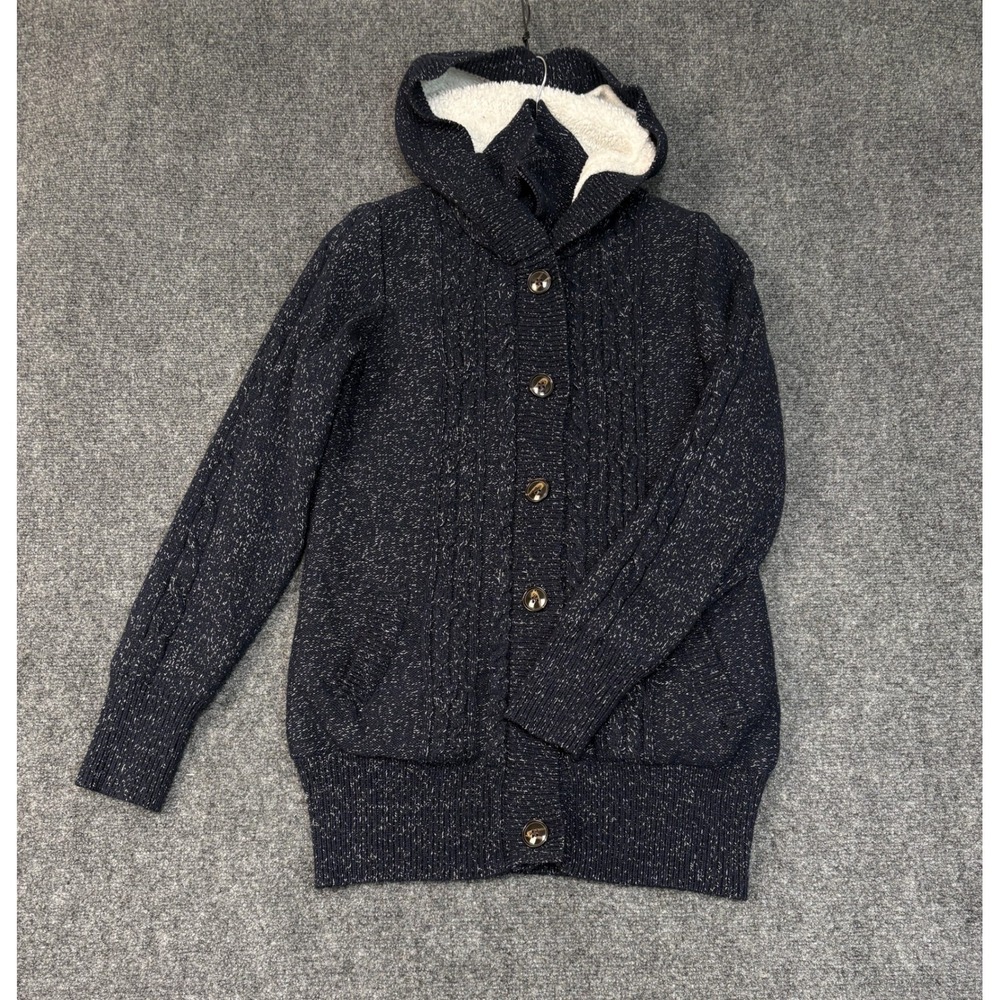Unbranded Cable Knit Sherpa Lined Cardigan Women Size M Navy Blue Marled Hooded